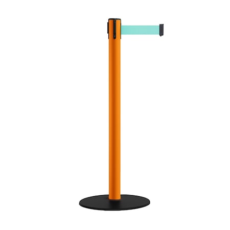 Montour Line Retractable Belt Stanchion, Low Base, 2.5" Orange Post 9' Lt Grn Belt S400-OR-LGN-90